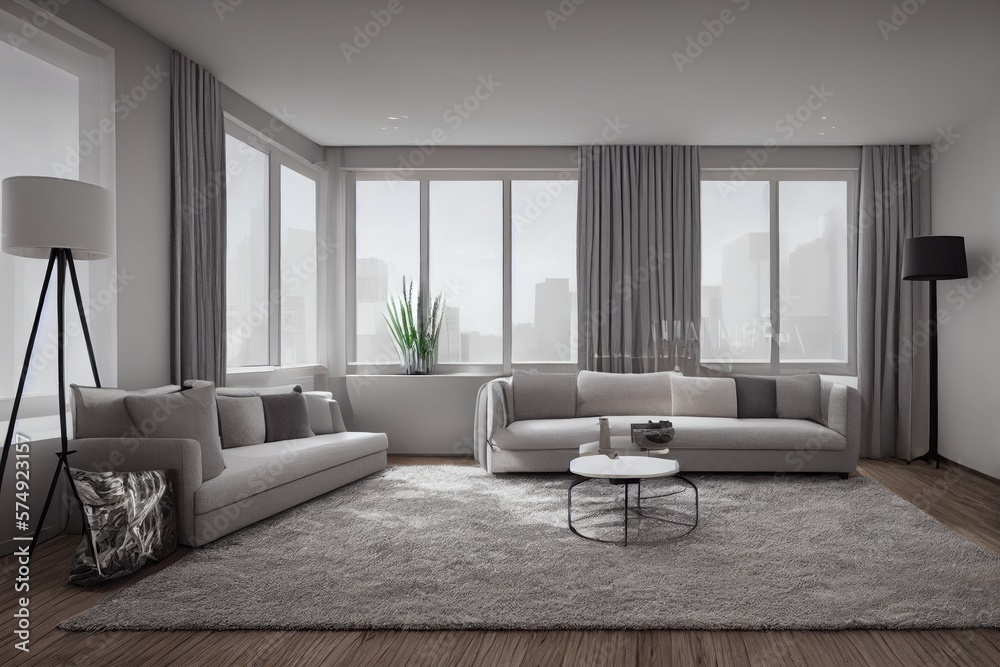 Fototapeta premium Stylish scandinavian living room with design mint sofa, furnitures, mock up poster map, plants and elegant personal accessories. Modern home decor. Bright and sunny room. Generative AI illustration.