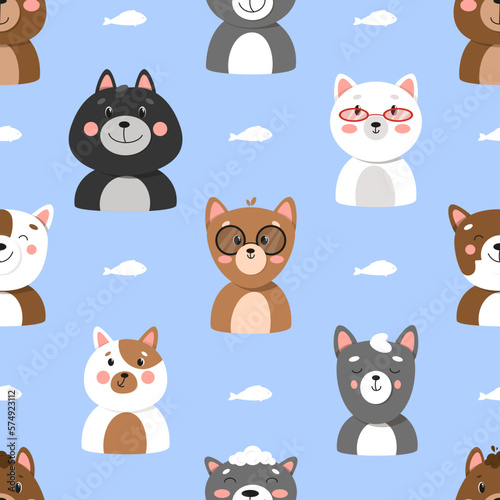 Set of different cats, seamless pattern with cats, cute pets pattern, different cats. illustration in flat style, cat face 