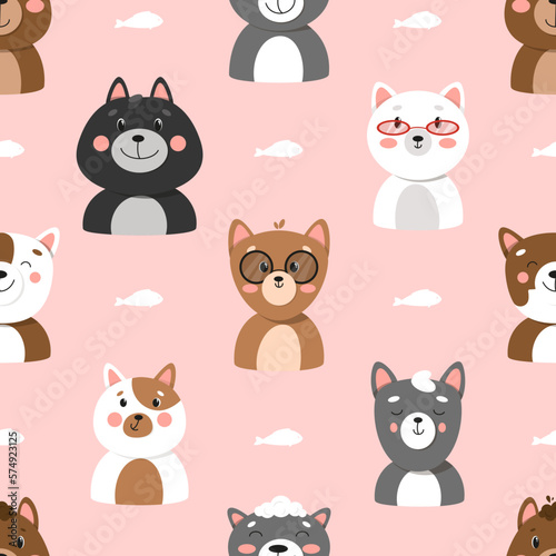 Set of different cats  seamless pattern with cats  cute pets pattern  different cats. illustration in flat style  cat face 