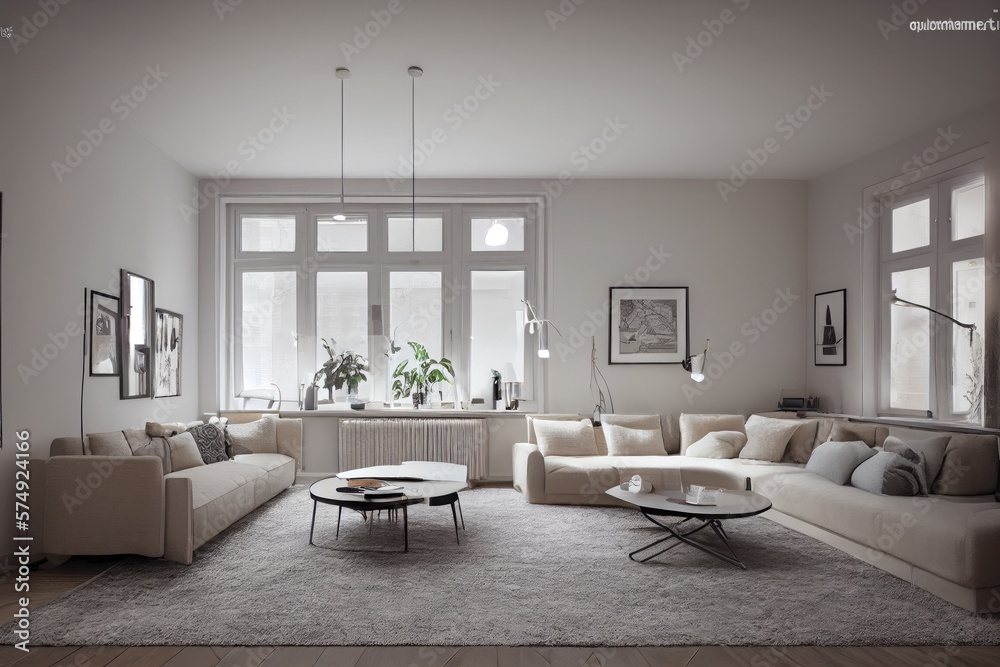 Fototapeta premium Stylish scandinavian living room with design mint sofa, furnitures, mock up poster map, plants and elegant personal accessories. Modern home decor. Bright and sunny room. Generative AI illustration.