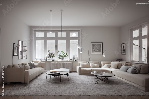 Stylish scandinavian living room with design mint sofa  furnitures  mock up poster map  plants and elegant personal accessories. Modern home decor. Bright and sunny room. Generative AI illustration.