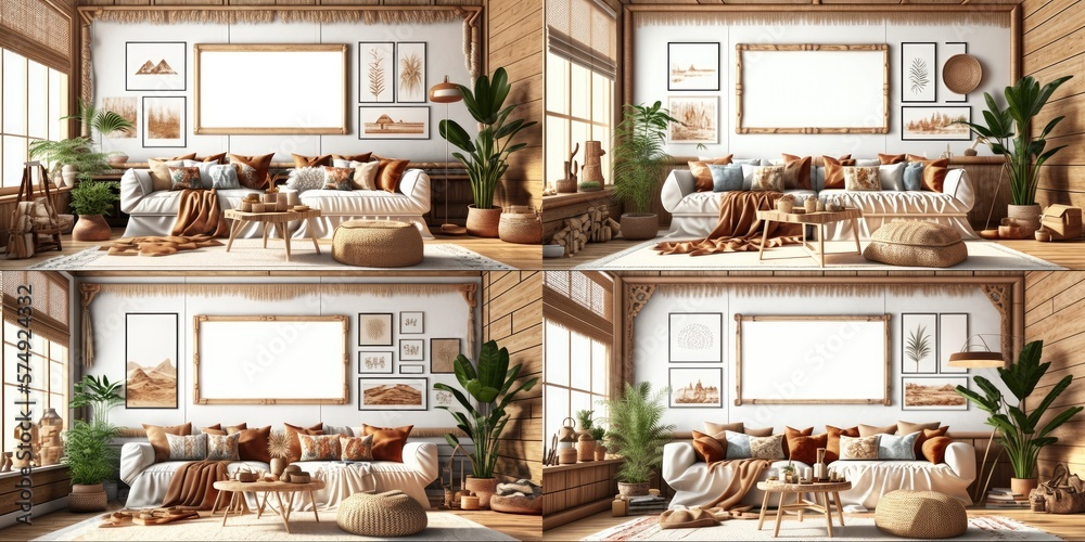 Stylish scandinavian living room with design mint sofa, furnitures, mock up poster map, plants and elegant personal accessories. Modern home decor. Bright and sunny room. Generative AI illustration. Stylish scandinavian living room with design mint sofa, furnitures, mock up poster map, plants and elegant personal accessories. Modern home decor. Bright and sunny room. Generative AI illustration.