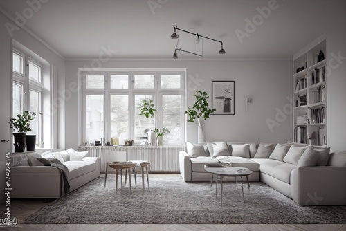 Stylish scandinavian living room with design mint sofa  furnitures  mock up poster map  plants and elegant personal accessories. Modern home decor. Bright and sunny room. Generative AI illustration.