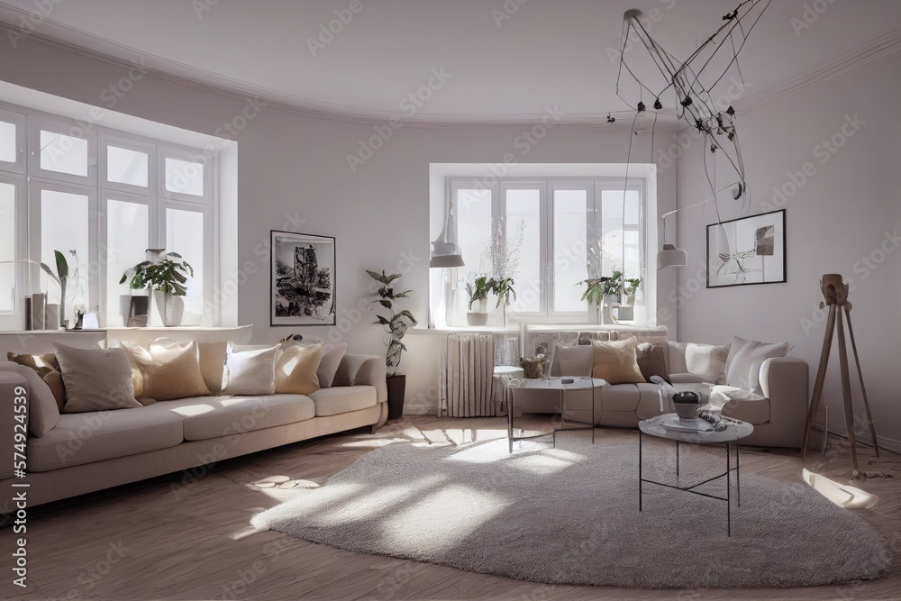 Naklejka premium Stylish scandinavian living room with design mint sofa, furnitures, mock up poster map, plants and elegant personal accessories. Modern home decor. Bright and sunny room. Generative AI illustration.