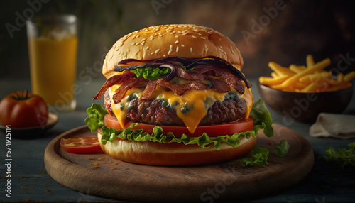 Cheese burger with a bacon, American cheese burger with fresh salad and french fries. Generative AI