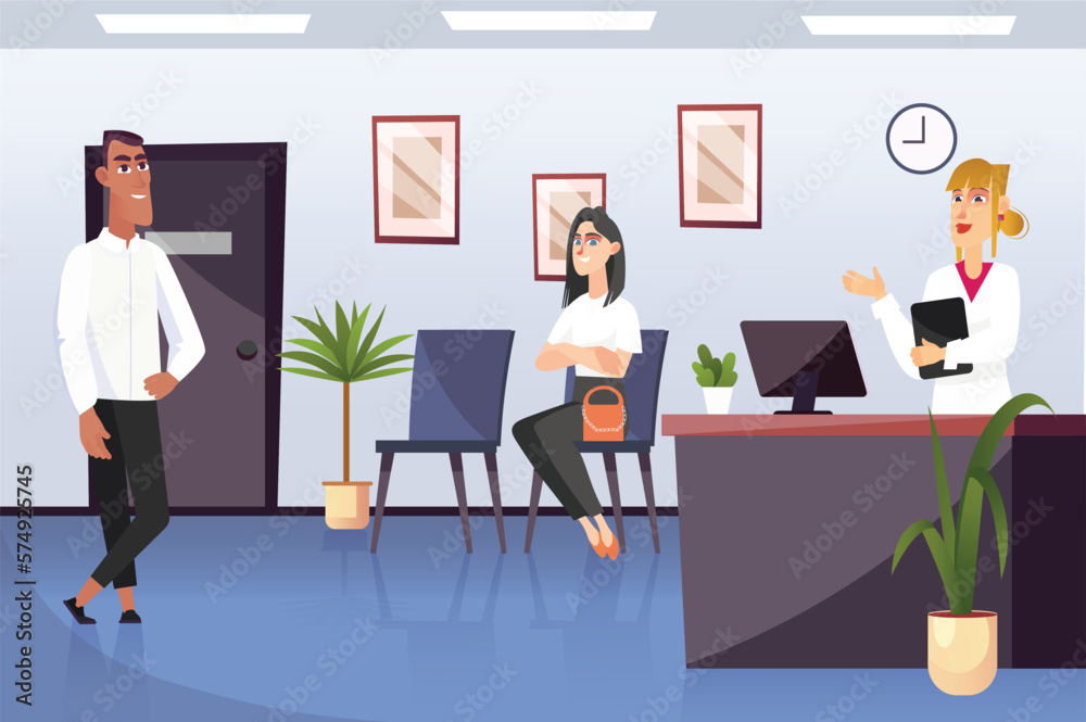 Reception concept with people scene in the background cartoon design. Patient came to the reception to make an appointment with a doctor. Vector illustration.