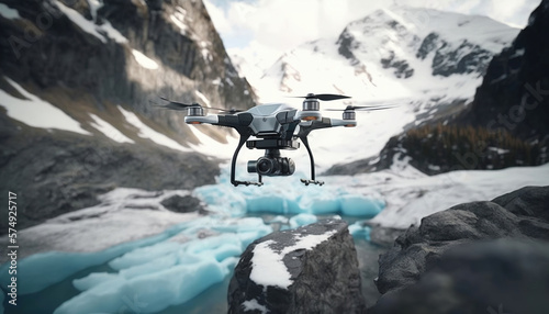 Camera drone flying over glacier rocky mountains. Generative AI