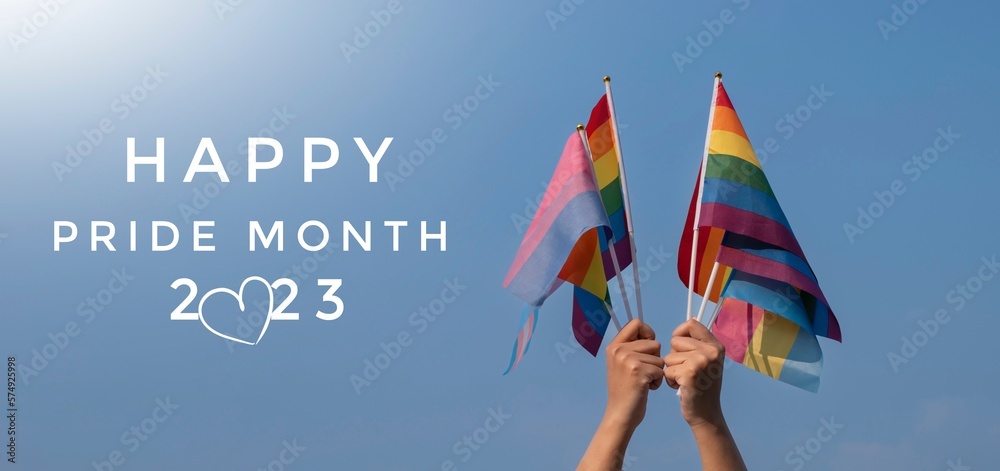 HAPPY PRiDE MONTH 2023' on bluesky with LGBTQ+ flags and rainbow flag, symbol of LGBT, background, concept for LGBTQ+ celebrations and respecting gender diversity, in pride month, June, 2023.