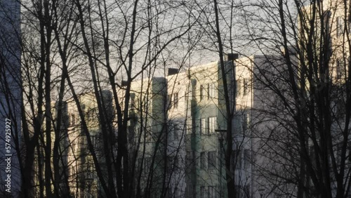Nordic Apartment Facade at Sunset, Winter Time, Establishing shot