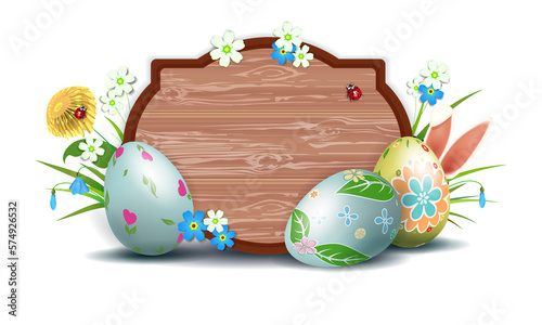 Easter illustration with curly frame, patterned eggs, grass with flowers.