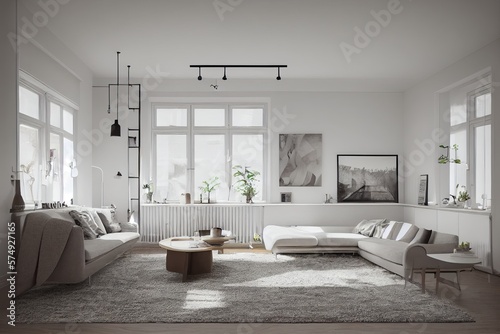 Stylish scandinavian living room with design mint sofa  furnitures  mock up poster map  plants and elegant personal accessories. Modern home decor. Bright and sunny room. Generative AI illustration.