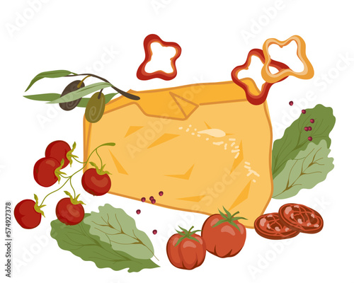 Parmesan cheese with various vegetables, flat drawn vector illustration isolated on white. Parmesan cheese for Italian cuisine and dairy products packaging.