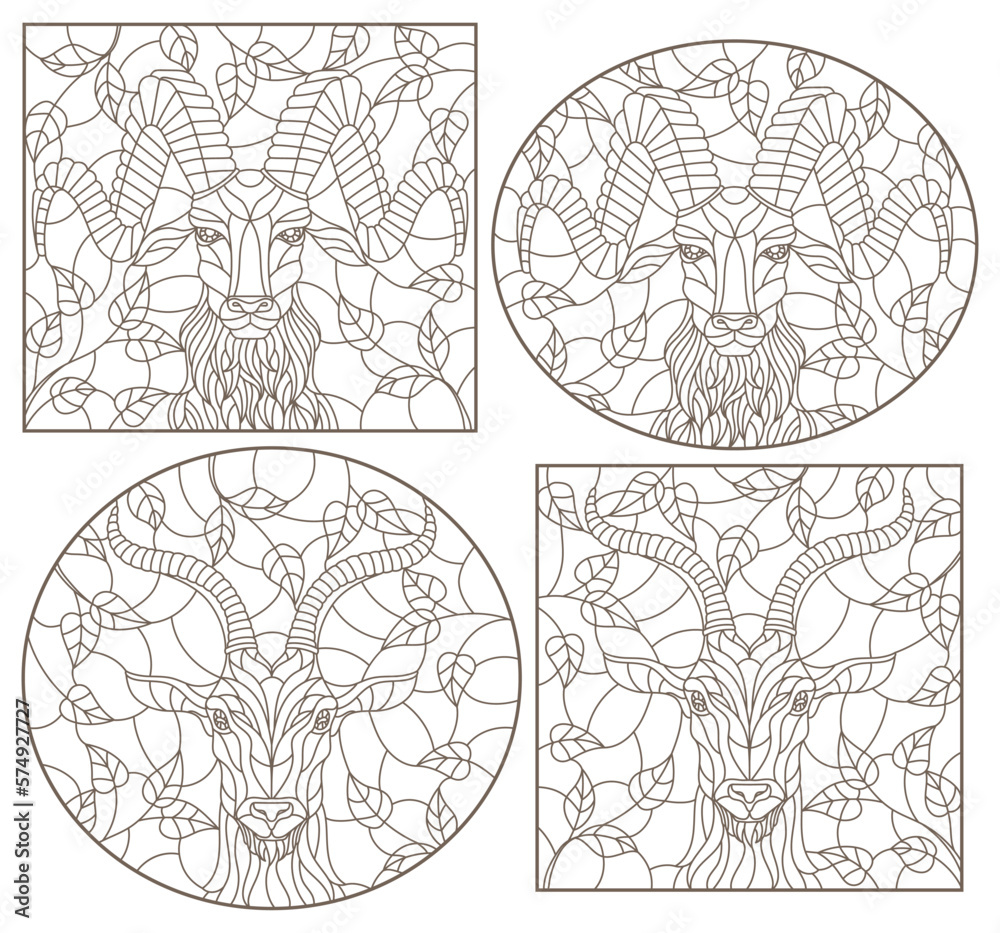A set of contour illustrations of stained glass Windows with a ram and goat heads, dark contours on a white background