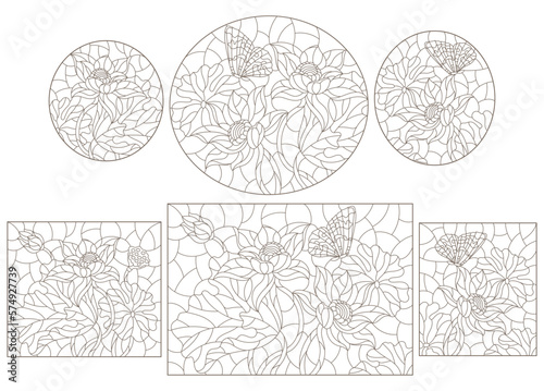 Set of contour illustrations of stained glass Windows with lotuses and butterflies, dark outlines on a white background