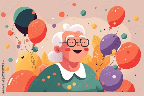 fête des grand-mères, illustration colorée festive avec ballons et mamie qui rit photo