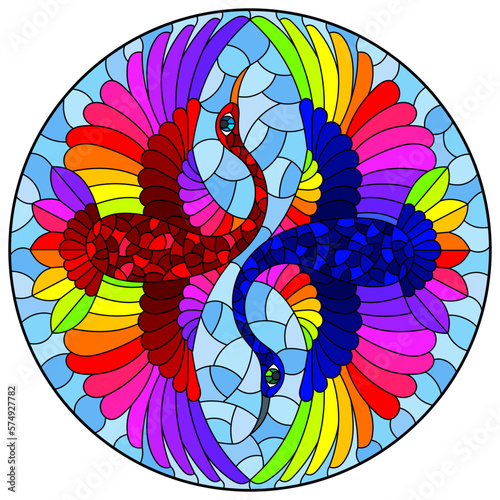 Stained glass illustration with two abstract birds in the form of yang yin  on a blue sky background  round image