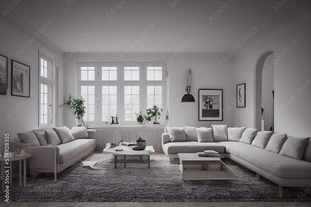 Stylish scandinavian living room with design mint sofa, furnitures, mock up poster map, plants and elegant personal accessories. Modern home decor. Bright and sunny room. Generative AI illustration. Stylish scandinavian living room with design mint sofa, furnitures, mock up poster map, plants and elegant personal accessories. Modern home decor. Bright and sunny room. Generative AI illustration.