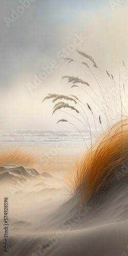 landscape illustration sand and sea in light fog, generative ai