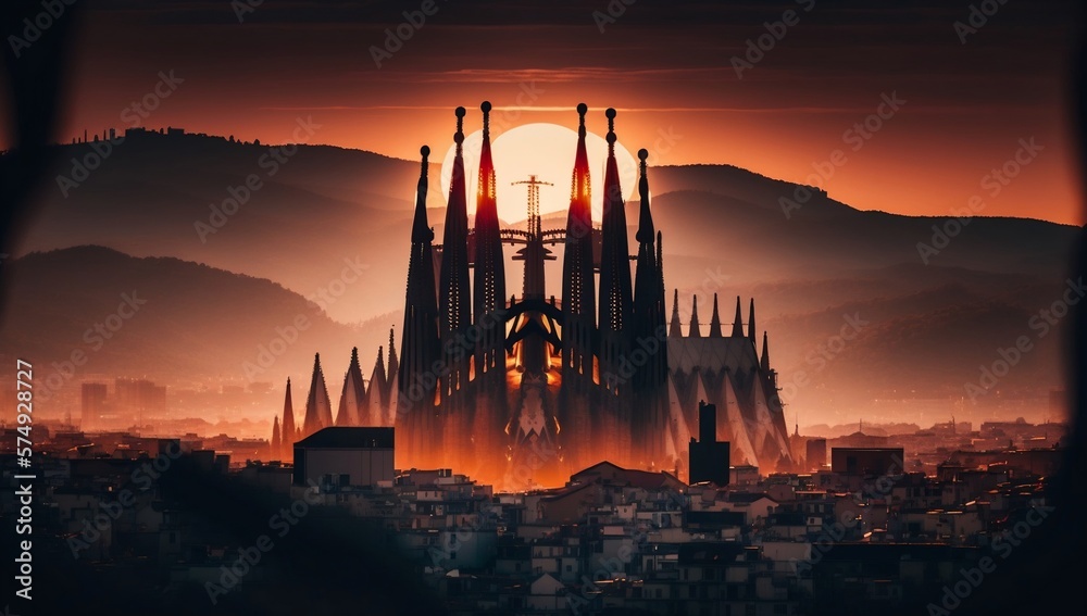Naklejka premium Barcelona's dreamy allure: golden glowing sunset skyline