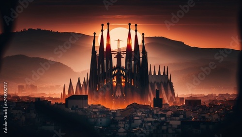 Barcelona's dreamy allure: golden glowing sunset skyline photo
