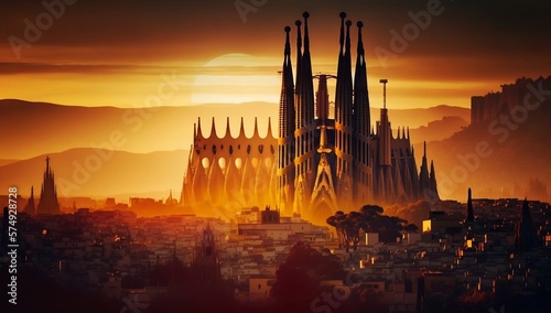 Sunset magic: alluring Barcelona skyline with majestic architecture photo
