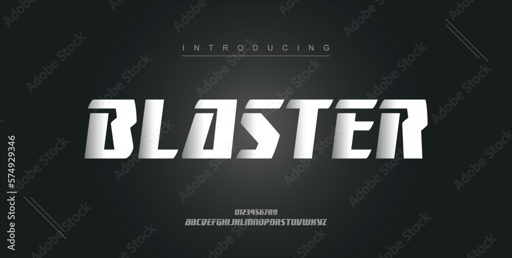 Blaster digital modern alphabet new font. Creative abstract urban, futuristic, fashion, sport, minimal technology typography. Simple vector illustration with number
