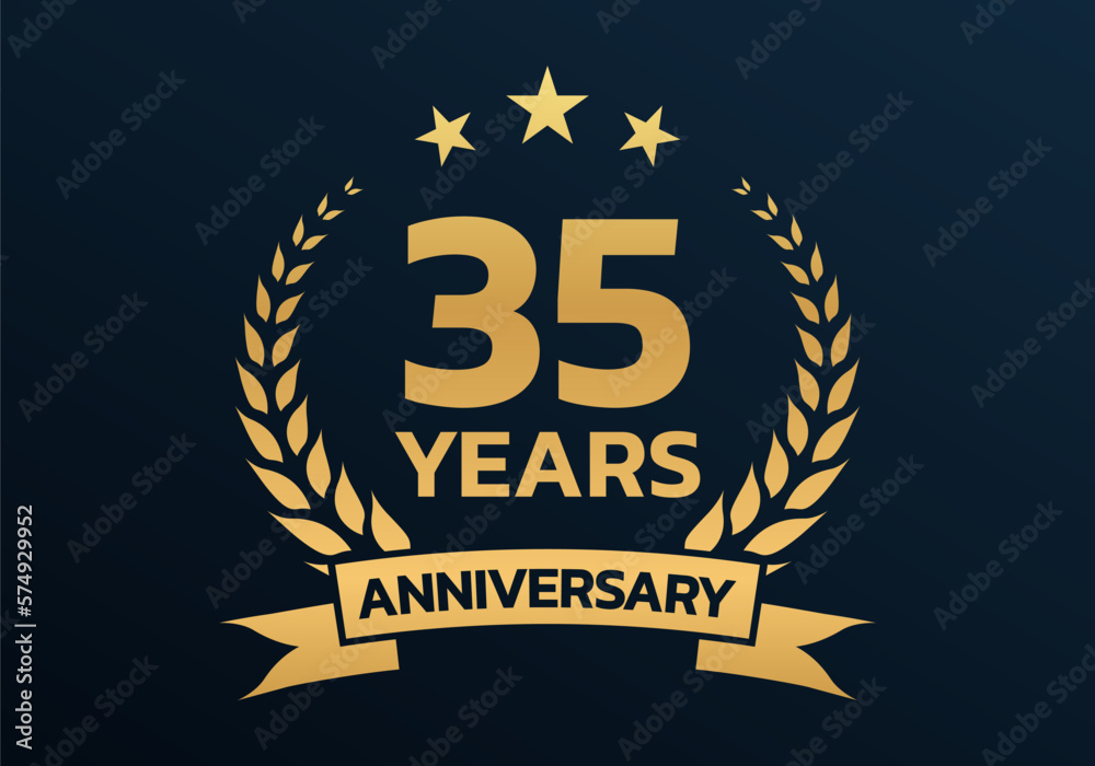 35 years anniversary laurel wreath logo or icon. Jubilee, birthday badge, label or emblem. 35th celebration design element. Vector illustration. 35 years anniversary laurel wreath logo or icon. Jubilee, birthday badge, label or emblem. 35th celebration design element. Vector illustration.