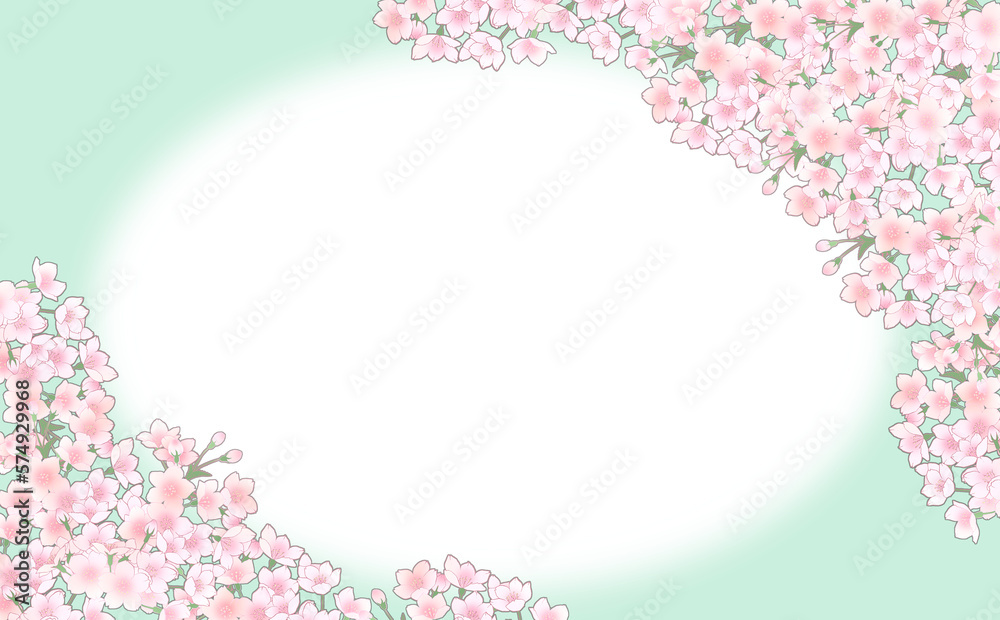 桜の楕円フレーム-うぐいす色背景