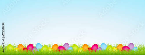 Banner 28 Bunte Ostereier Regenbogenfarben In Wiese Himmel