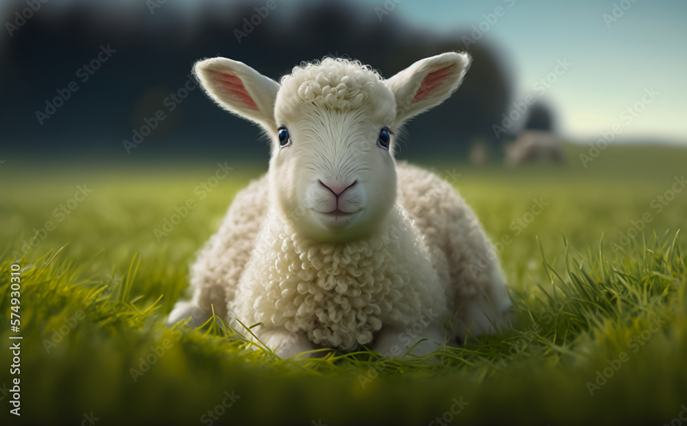 Cute Easter Lamb resting in green meadow grass in soft morning light. Shallow depth of field, Generative AI. Cute Easter Lamb resting in green meadow grass in soft morning light. Shallow depth of field, Generative AI.