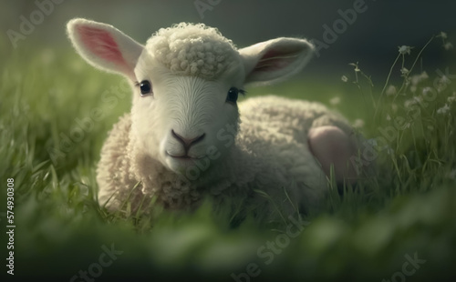 Cute Easter Lamb resting in green meadow grass in soft morning light. Shallow depth of field, Generative AI.