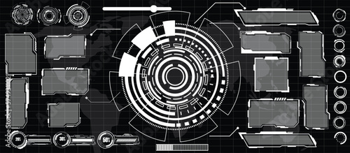 digital interface HUD elements set pack. User Interface, frame screens. Callouts titles, FUI circle set, Loading bars. Dashboard reality technology screen. Vector	