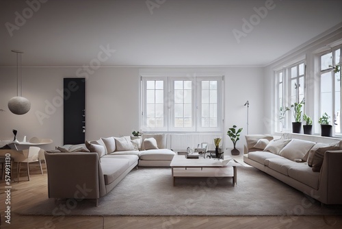 Stylish scandinavian living room with design mint sofa, furnitures, mock up poster map, plants and elegant personal accessories. Modern home decor. Bright and sunny room. Generative AI illustration. © Interior Stock Photo