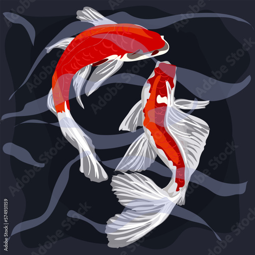 Orange koi fish on a blue background with waves. Asian background, background design with abstract pattern in oriental Japanese style with koi fish. Carp swim in the water. Banner, flyer