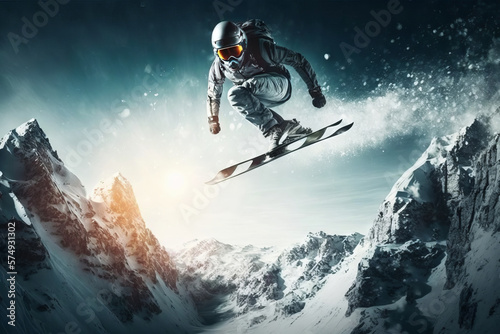 Flying snowboarder on mountains. Extreme winter sport. Generative AI