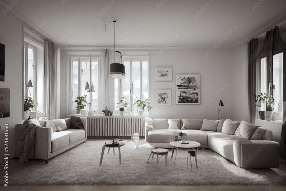Fototapeta premium Stylish scandinavian living room with design mint sofa, furnitures, mock up poster map, plants and elegant personal accessories. Modern home decor. Bright and sunny room. Generative AI illustration.