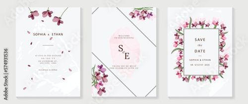 Luxury wedding invitation card background vector. Elegant watercolor botanical floral petal and flower wreath frame texture template. Design illustration for wedding and vip cover template, banner.