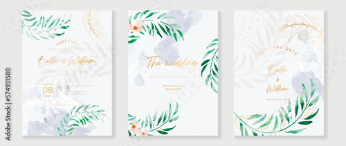 Luxury wedding invitation card background vector. Elegant watercolor botanical floral leaf branch with gold line art texture template. Design illustration for wedding and vip cover template, banner.