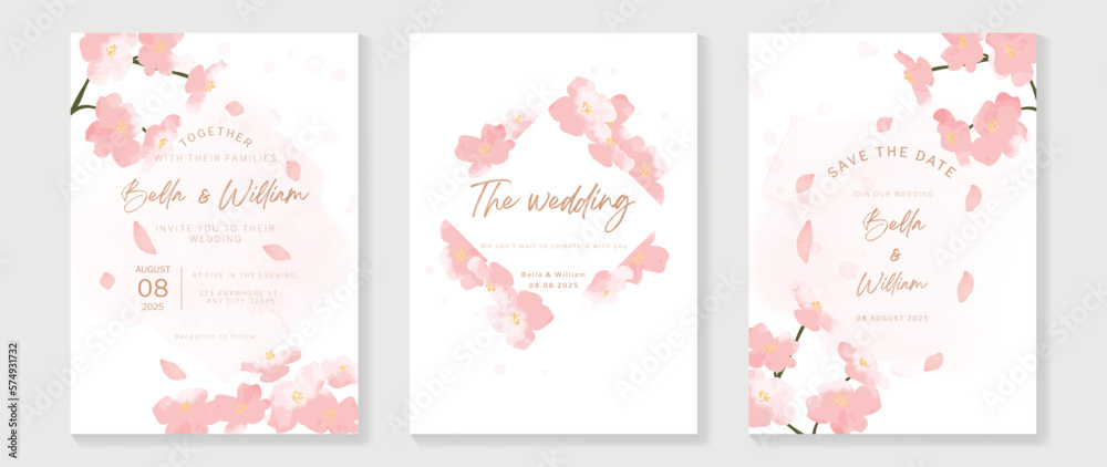 Luxury wedding invitation card background vector. Elegant hand drawn watercolor botanical pink theme wildflowers, floral petal texture. Design illustration for wedding and vip cover template, banner.