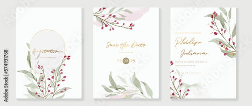 Luxury wedding invitation card background vector. Elegant watercolor botanical wildflowers, leaf branch and gold frame texture template. Design illustration for wedding and vip cover template, banner.