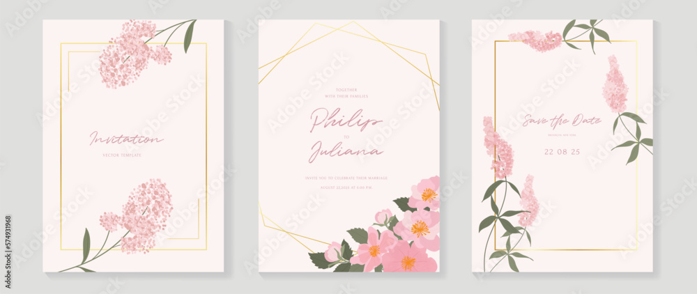 Luxury wedding invitation card background vector. Elegant watercolor botanical pink theme wildflowers and geometric gold frame texture. Design illustration for wedding and vip cover template, banner.