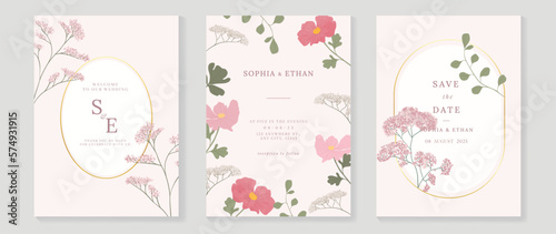 Luxury wedding invitation card background vector. Elegant watercolor botanical pink theme wildflowers and geometric gold frame texture. Design illustration for wedding and vip cover template, banner.