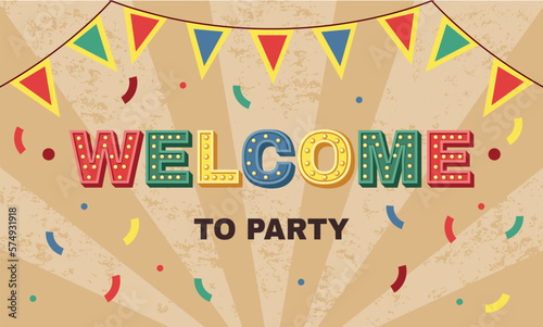 3D welcome celebration. Festive theme. Surprise retro party banner. Fiesta carnival decoration. Header colorful lettering. Confetti and garland flags. Sunbeam stripes. Vector tidy poster