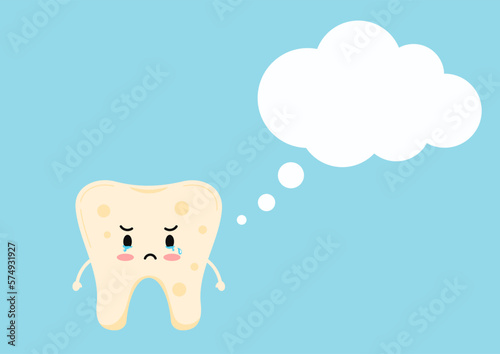 Sad tooth plaque icon with speech bubble cloud shape isolated on blue background. Flat cute design kawaii dental emoticon. Vector cartoon style teeth character.