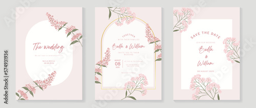 Luxury wedding invitation card background vector. Elegant watercolor botanical pink wildflowers and geometric arch gold frame texture. Design illustration for wedding and vip cover template, banner.