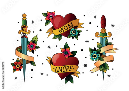 Sword tattoo. Old school love symbols. Ancient sacrifice snack. Vintage flowers. Retro ribbon. Dagger with bloom. Traditional tattooing elements set. Vector tidy illustration design