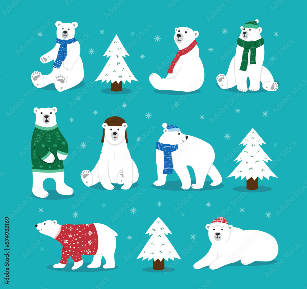 Christmas bear in scarf, polar characters. White arctic child, wildlife in cold kid clothes, snow winter. Xmas mammals. Zoo or forest fauna. Vector utter cartoon flat isolated illustration
