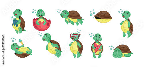 Beautiful walking turtles. Air bubbles, diving cute characters, little smile surfer, different activities. Reptile mascot, happy underwater creature. Vector tidy cartoon flat isolated images