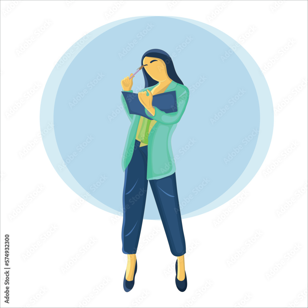 standing girl reading a book with pen flat design illustration standing girl reading a book with pen flat design illustration
