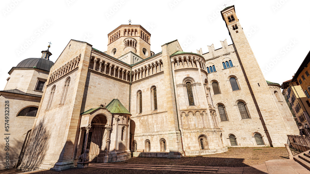 Trento. Medieval Cathedral of San Vigilio (Duomo di Trento, 1212-1321), Romanesque and Gothic style, isolated on white or transparent background. Trentino-Alto Adige, Italy, Europe. Png.